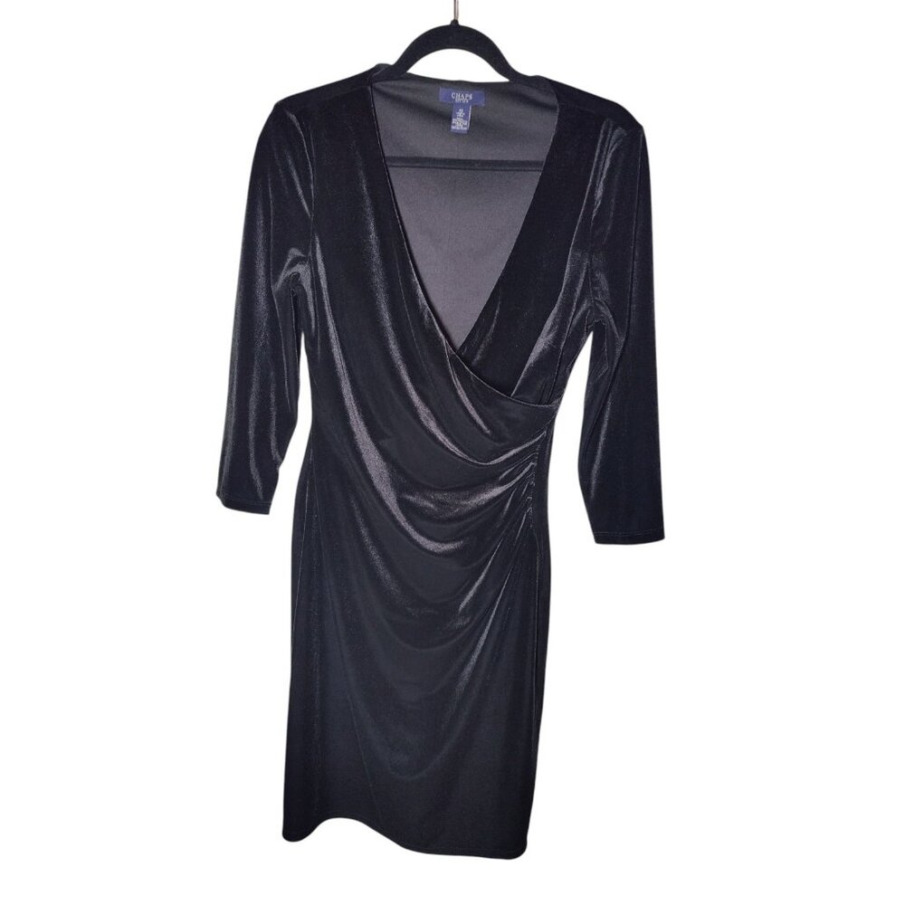 Chaps Velvet‎ Velour Faux Wrap Ruched Long Sleeve Knee Length Black Dress 10 NWT - Picture 3 of 5